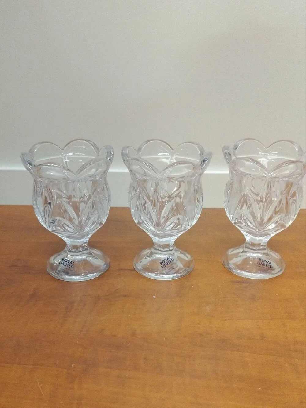 Vintage Set Of Three Royal Limited Mini Footed Votives. 24% Full Lead Crystal.